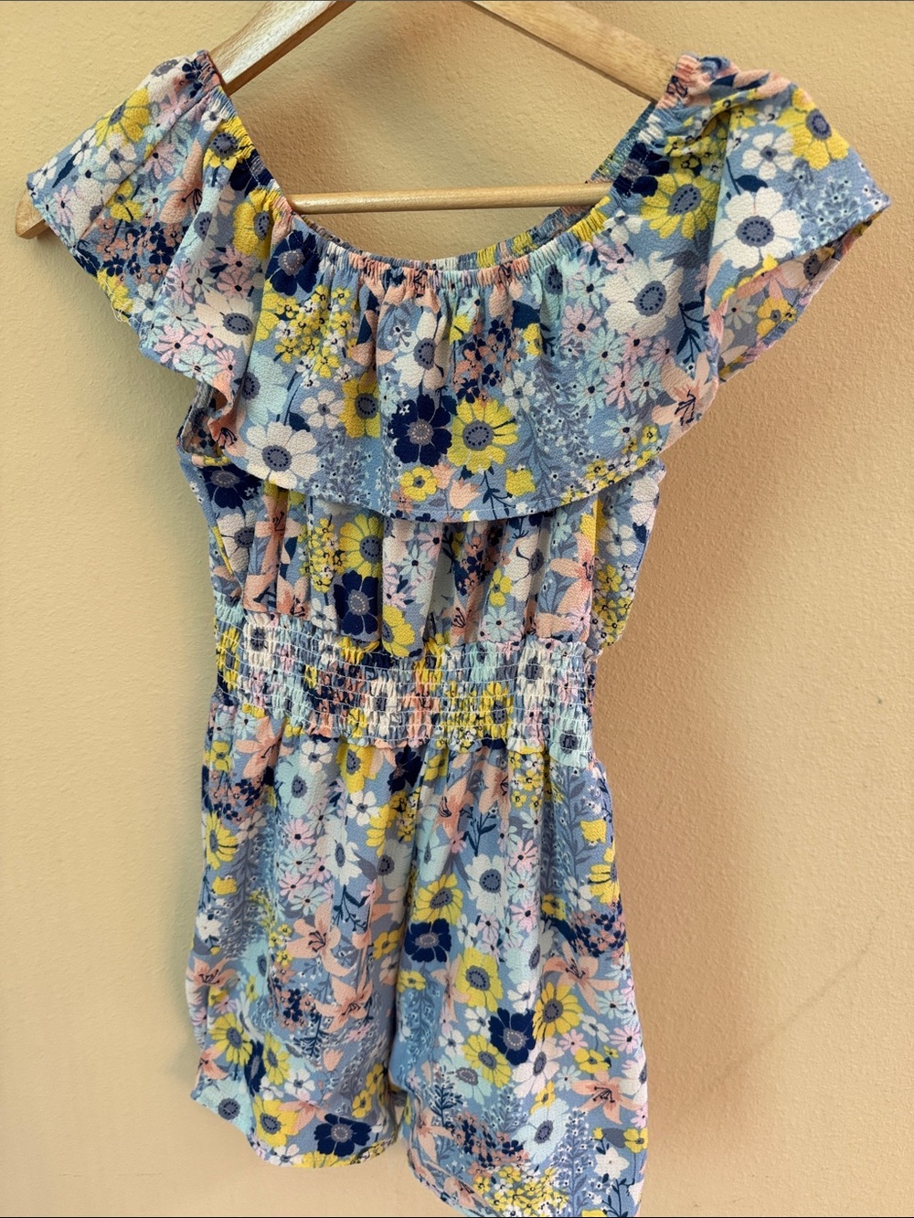 Knitworks Blue Floral On orOff-Shoulder Romper with Yellow Accents